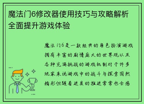 魔法门6修改器使用技巧与攻略解析 全面提升游戏体验